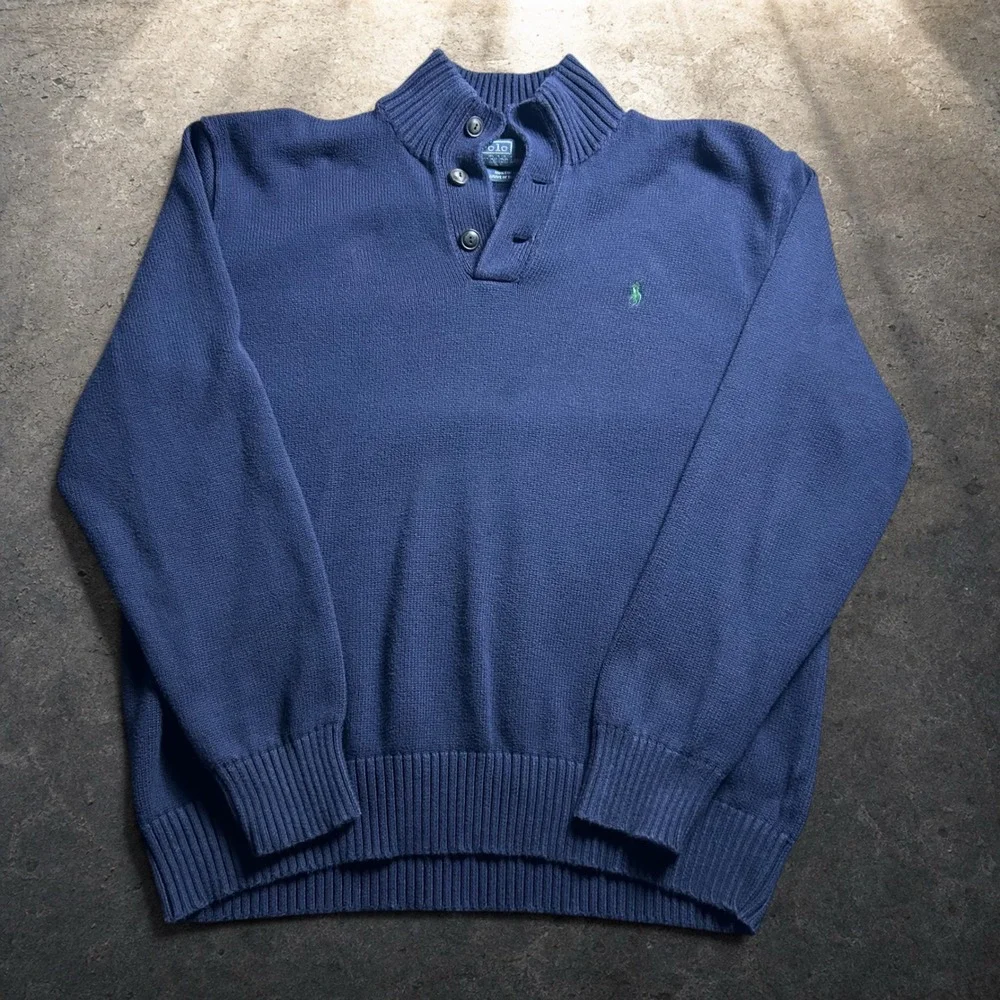 Polo Ralph Lauren Navy Blue Button Mock Neck Cotton Sweater XXL Baggy Y2K Retro